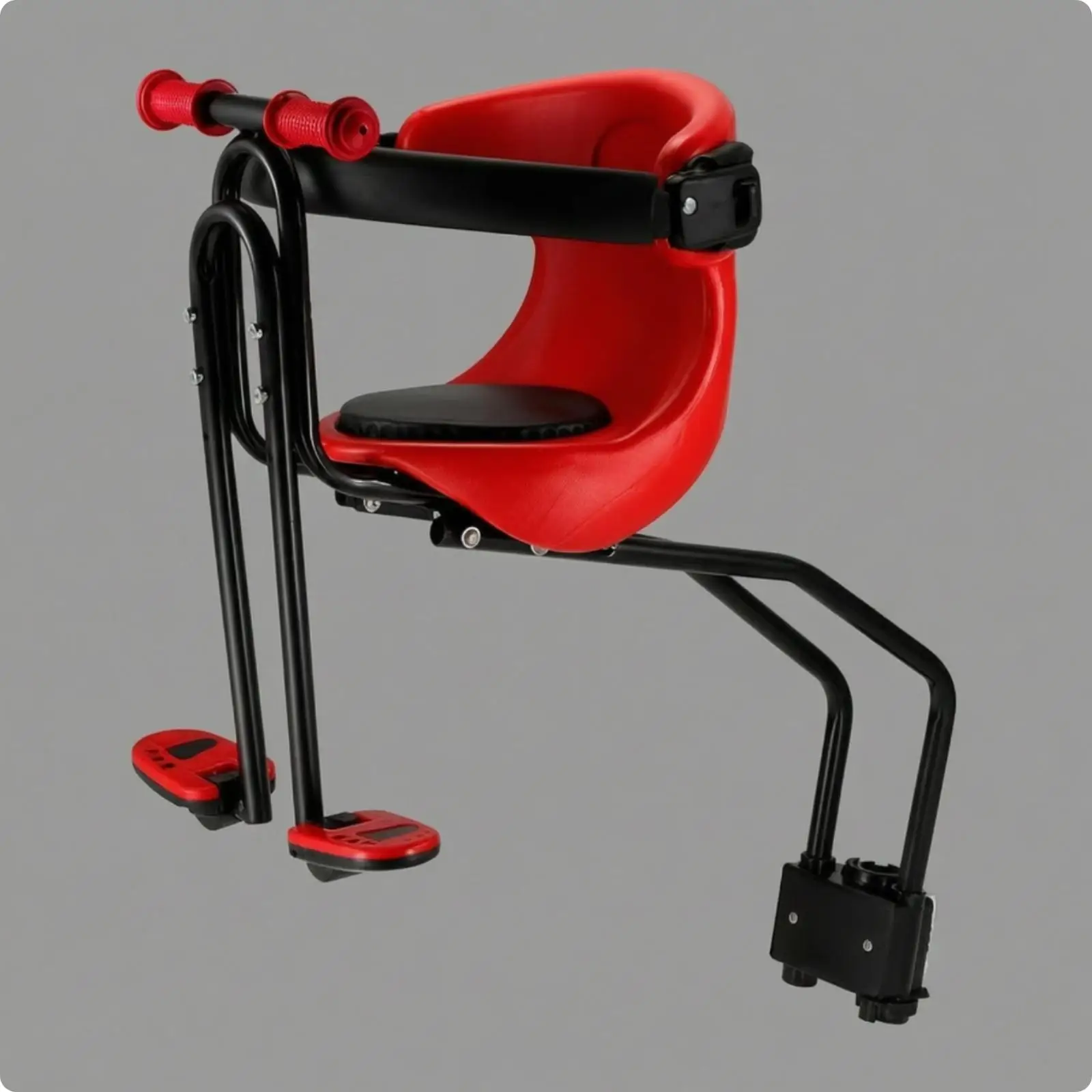Front Facing Child Bicycle Seat with Support Rails and Contoured Saddle for Comfortable Baby Bike Carrier Use