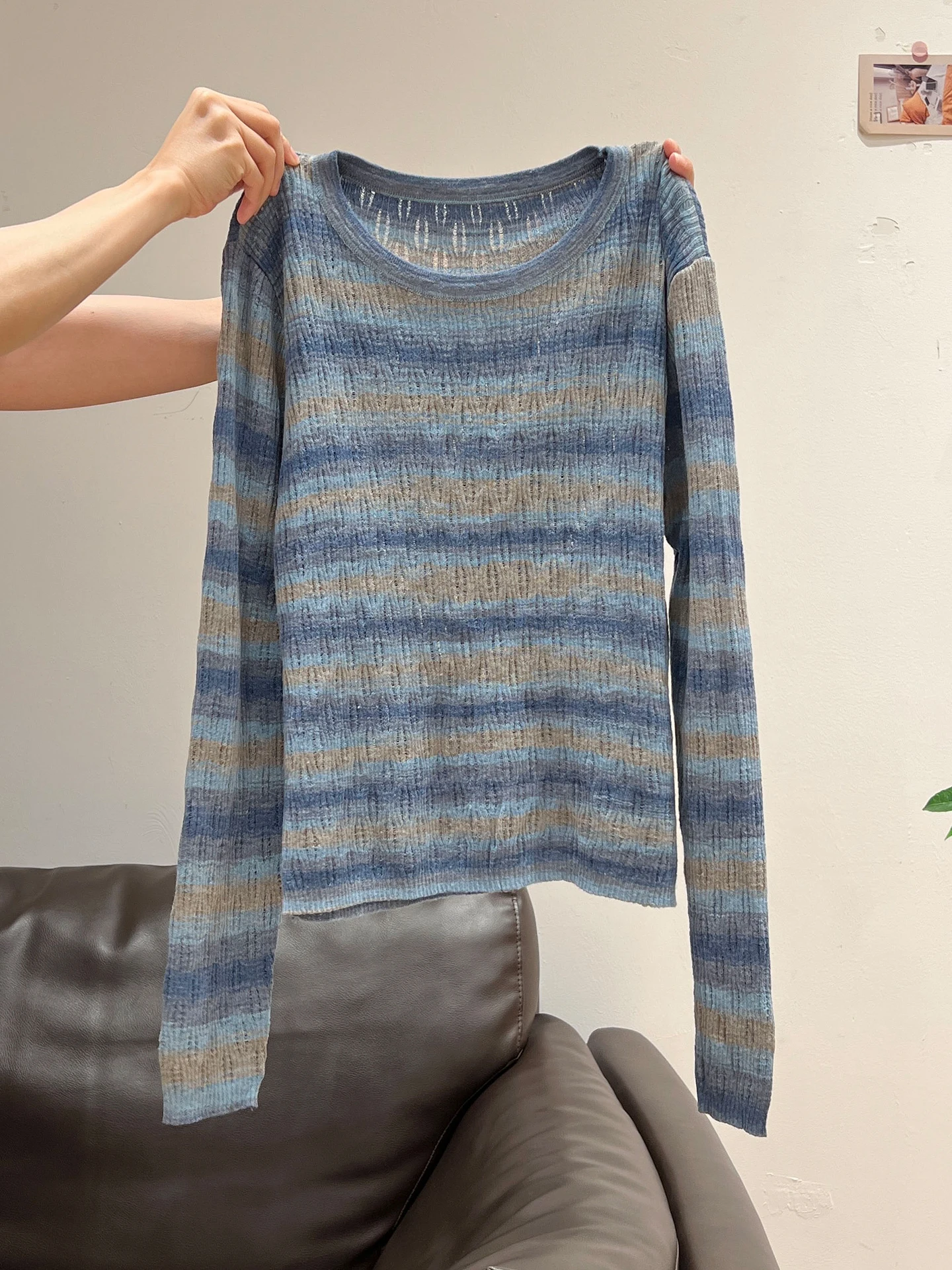 Suéter de punto largo a rayas Ne redondo azul para mujer, Top con Base de Color ahuecado para principios de otoño, Ci Walk Sle