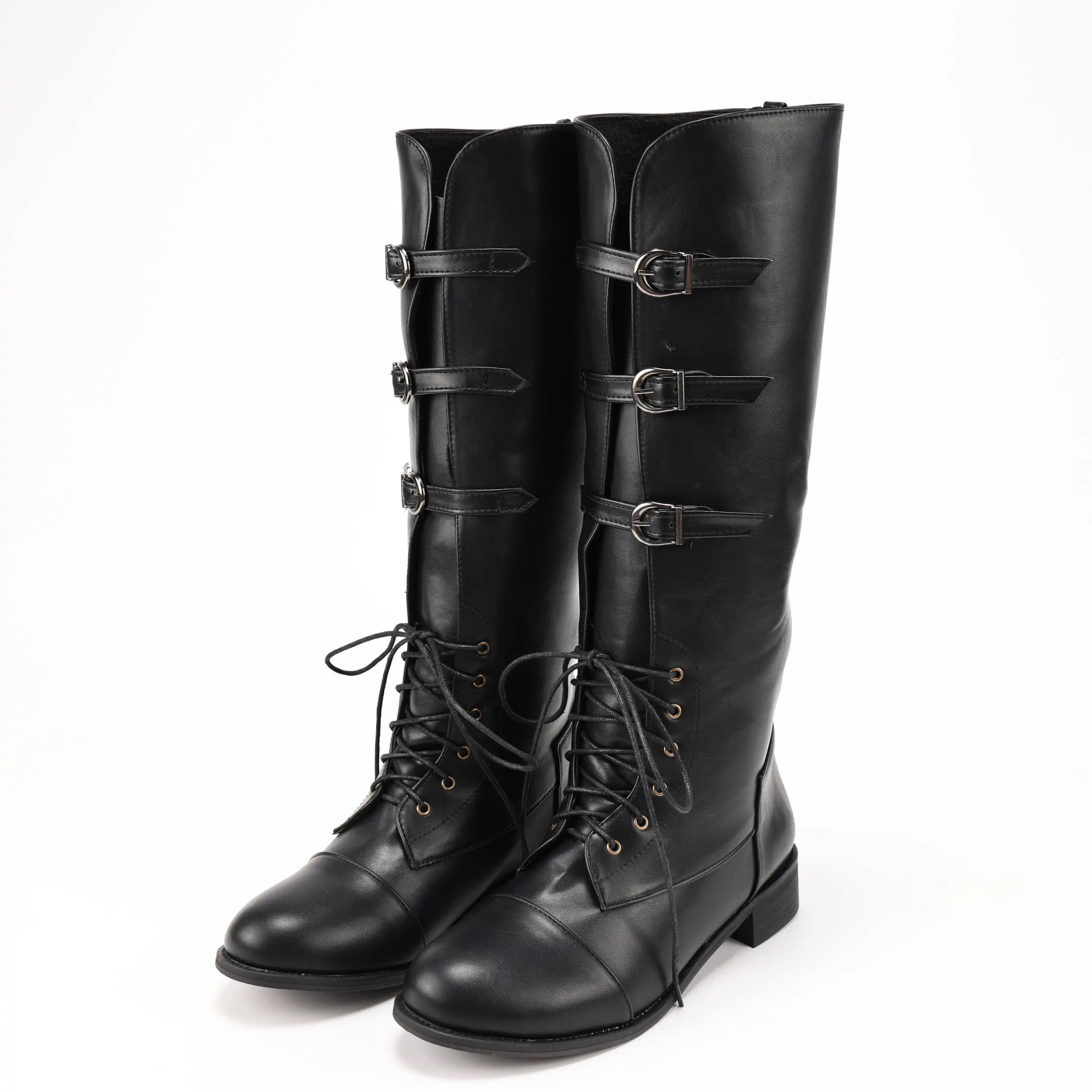 Stiefel für Herren, Schnürung, mit Schnalle, klobiger Absatz, kniehohe Wadenstiefel, Schnürstiefel, mittelalterliche Schuhe, Steampunk-PU-Schnalle, mittelalterliche Schuhe, Schneestiefel