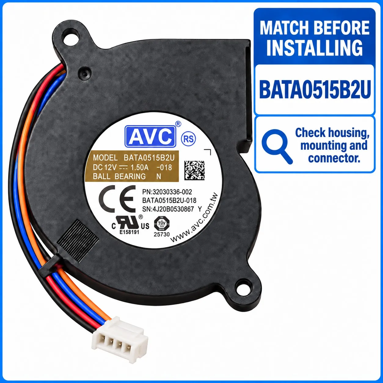 BATA0515B2U DC Blower Fan 50x50x15mm 5015 12V 1.50A PWM Tachometer Dual Ball Bearing 4-Wire for AVC