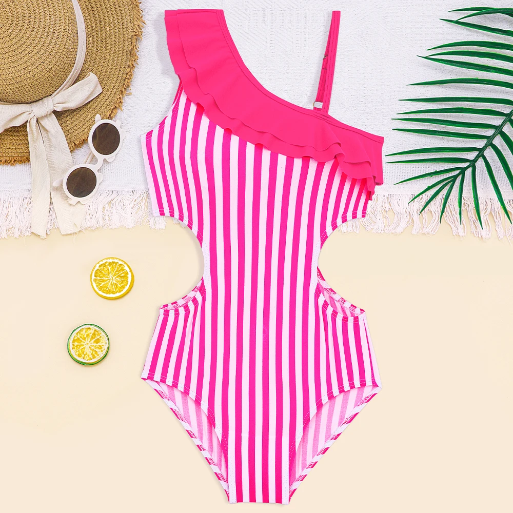 Girls One Piece Swimwear One Shoulder Swimsuit Cut Out Trim Ruffle Beach Bathing Suit