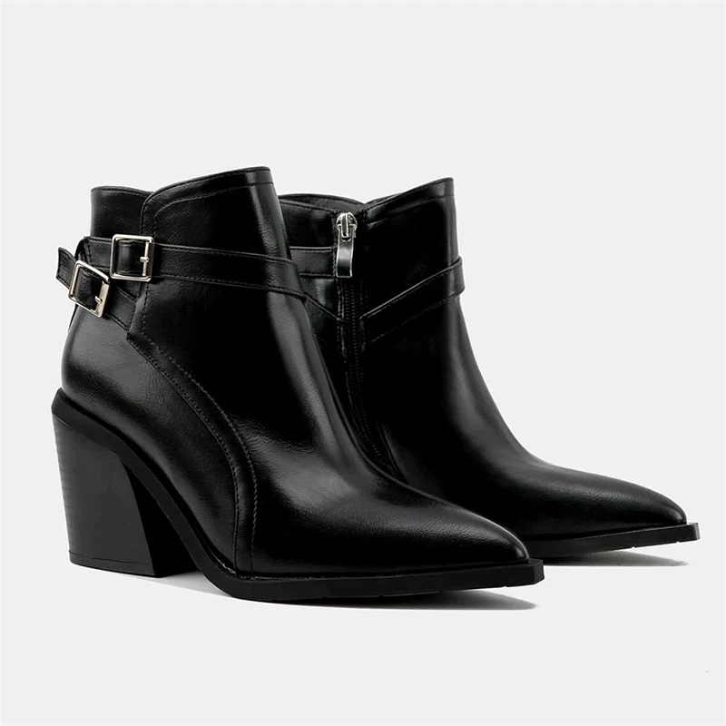 

Осенние женские ботинки, ботильоны на массивном каблуке с острым носком, боковая молния, обувь большого размера для женщин, современные ботинки с пряжкой на ремне