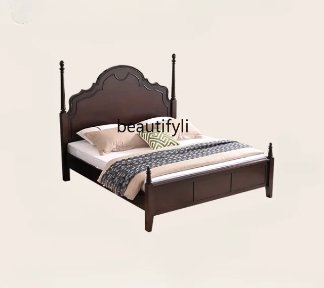 French Solid Wood Retro Anna Bed Small Apartment Bedroom Double Bed 1.5 M 1.8 M Storage Organizer Bed