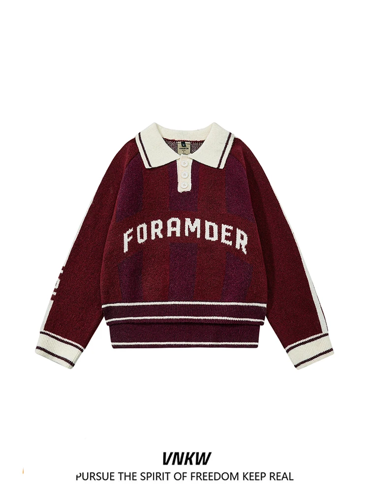 

Американский винтажный вязаный свитер с воротником, повседневный свободный свитер для пар, с контрастной вышивкой букв, для мужчин и женщин, в стиле «ленивый шик»...