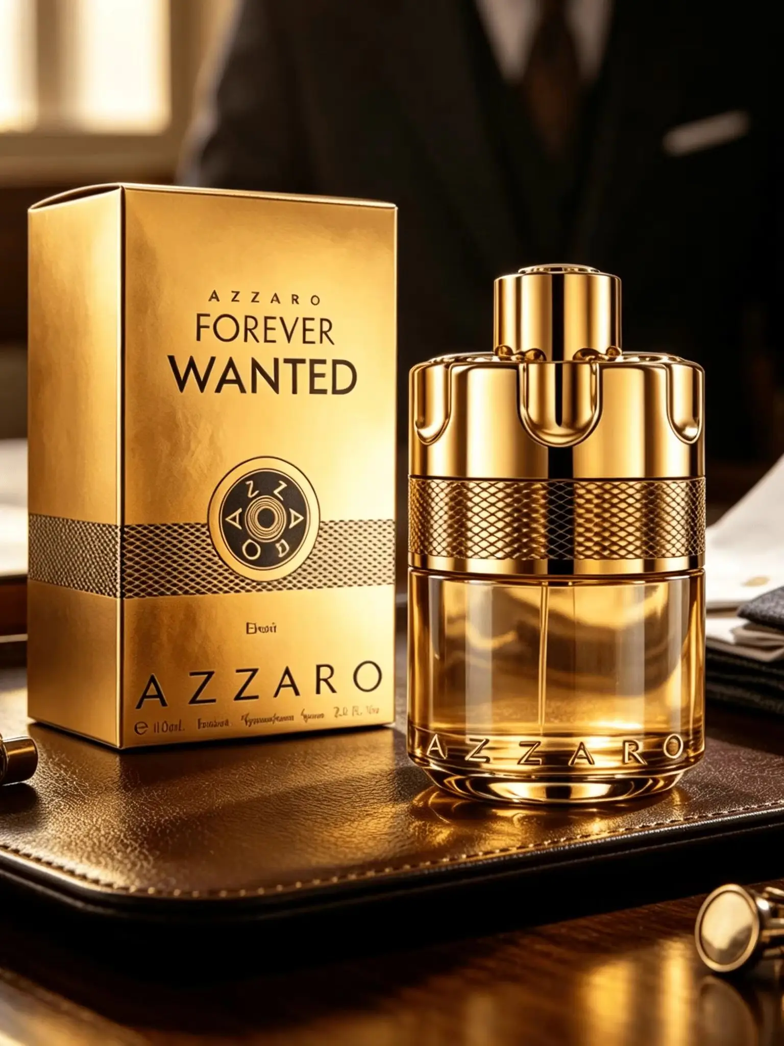 Azzaro Eternal Hunter Herrenduft, mit der ikonischen goldfarbenen Flasche in Kugelform und einem vollständig goldenen Gehäuse, einer Mischung aus fruchtigen, lederartigen und holzigen Noten, mit einem