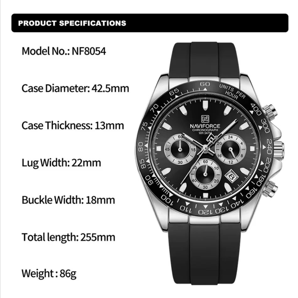 Naviforceメンズ多機能腕時計、クォーツ、防水、ソフトシリコンブレスレット、日付ディスプレイ、スポーツクロノグラフ