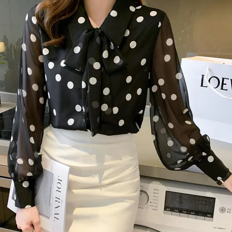 Spring Summer Polka Dot Printing Chiffon Shirt Women Fashion Turn-down Collar Bow Long Sleeve Blouse Female Single Breasted Tops