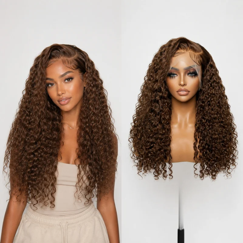 

26 Inch 13x4 Lace Front Medium Brown Deep Curly Synthetic Wig, Pre Plucked Hairline, Natural Fluffy Heat Resistant Fiber