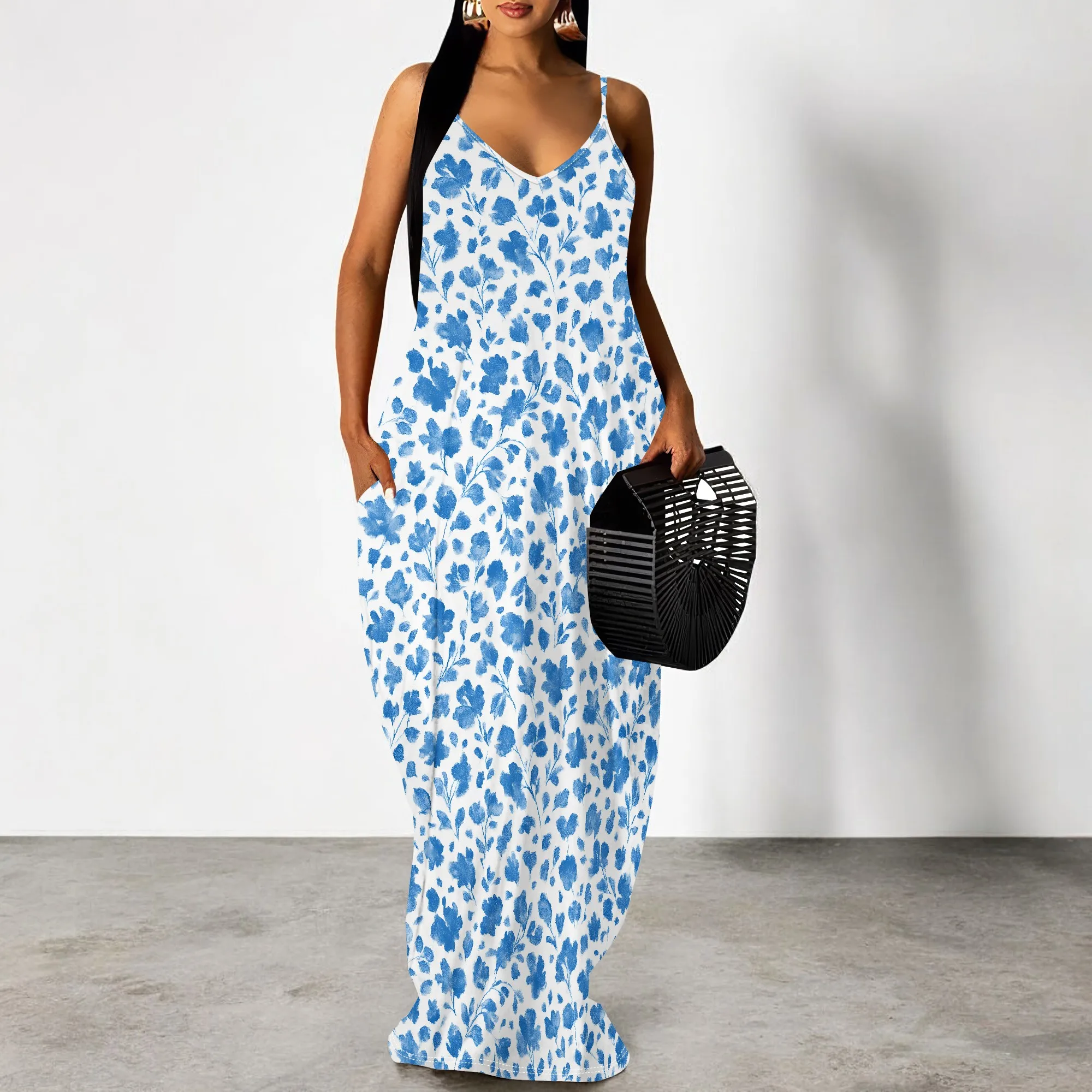

Women's 2025 Summer Maxi Dress Floral Tie Front Spaghetti Strap Casual Boho Beach Flowy Sundress with Pockets