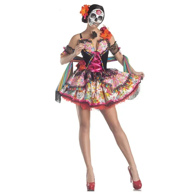 Adult Women Scary Skull Vampire Zombie Dress Halloween Party Mexican Day of The Dead Flower Fairy Ghosts Bride Cosplay Costume