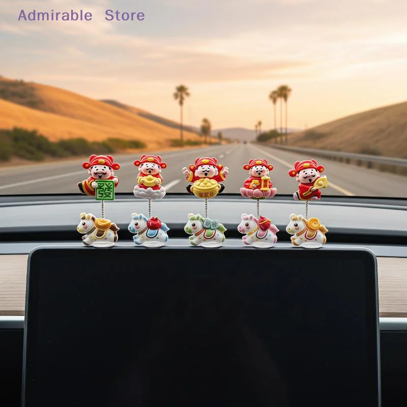 [W]2026 Year of Horse Lucky Caishen Shaking Head Ornament Handmade Resin Decor for Car Dashboard Desktop