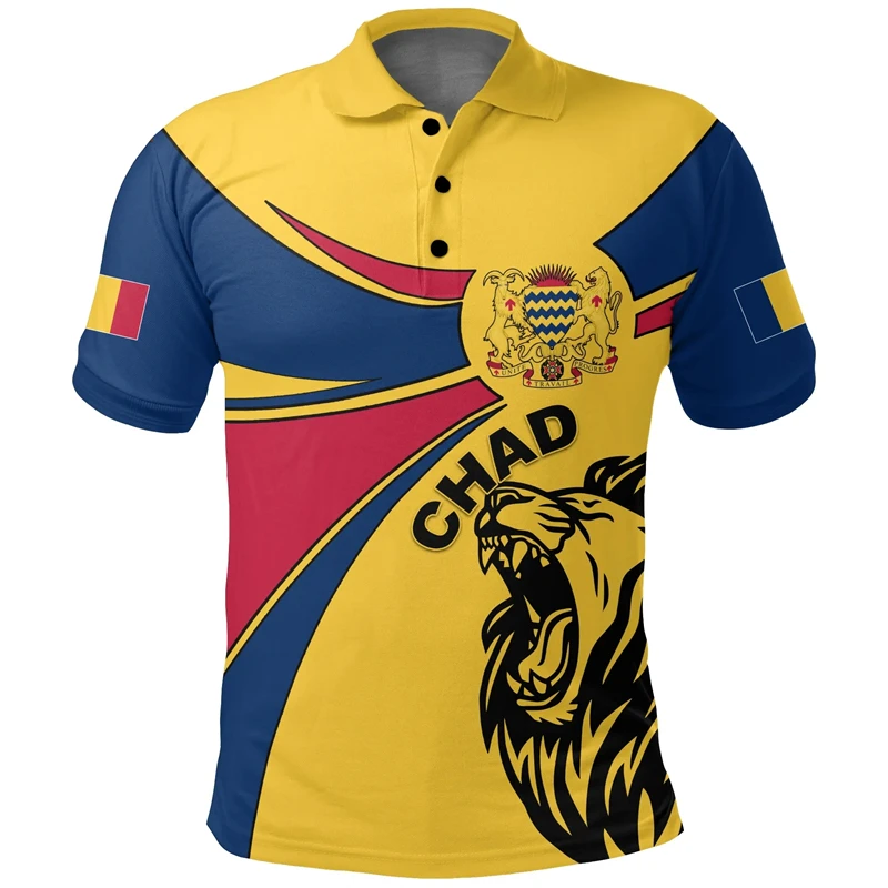 تشاد العلم خريطة ثلاثية الأبعاد طباعة قمصان بولو للرجال الملابس عادية قميص رياضي الشعار الوطني المحملة قميص بولو الذكور قصيرة الأكمام بلايز