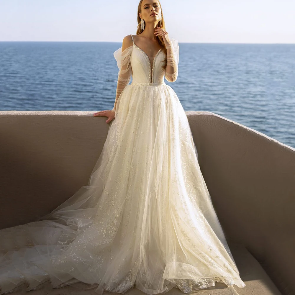 

Exquisite Shiny Tulle Wedding Dress Spaghetti Straps Off the Shoulder Illusion Long Sleeves Bride A-Line Sweep Train Gowns Robe