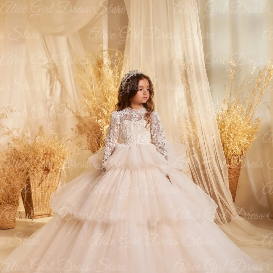ที่กําหนดเองชุดเดรสดอกไม้สําหรับงานแต่งงานลูกไม้ Appliques Layered Princess First Communion เด็กวันเกิด Party Ball Gowns