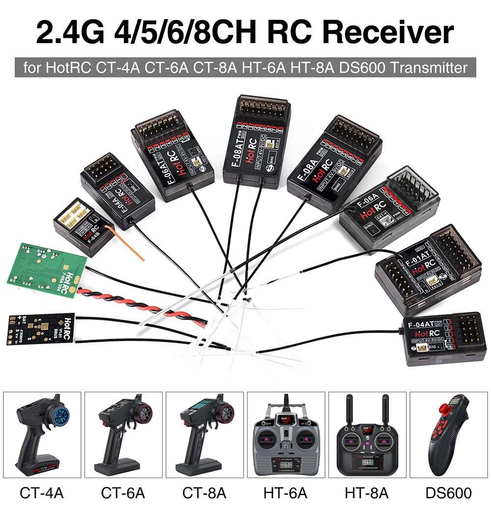 HotRC 4/5/6/8CH RC Receiver 2.4GHz Multi Channels Receivers with Gyro Long Range for CT-4A CT-6A CT-8A HT-6A HT-8A F-01A DS600