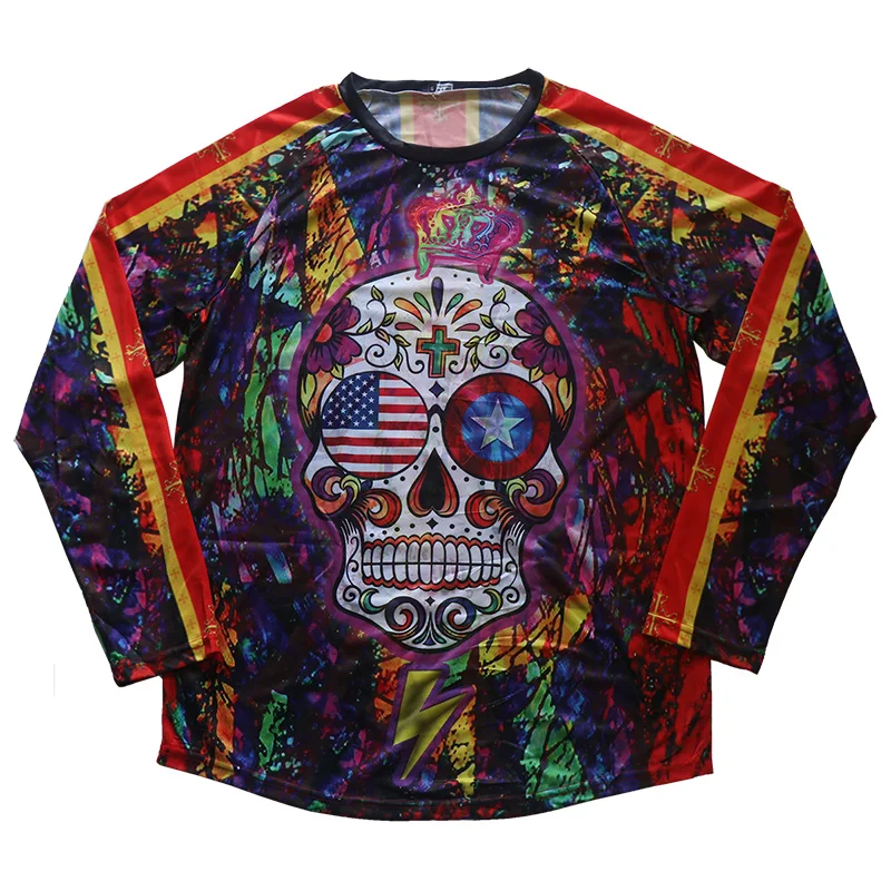 Long Sleeve Cycling Top for Men, MTB Jersey, USA Skull Ride Shirt, Motocross Run Clothes, Bicycle Wear Protection, Downhill Race