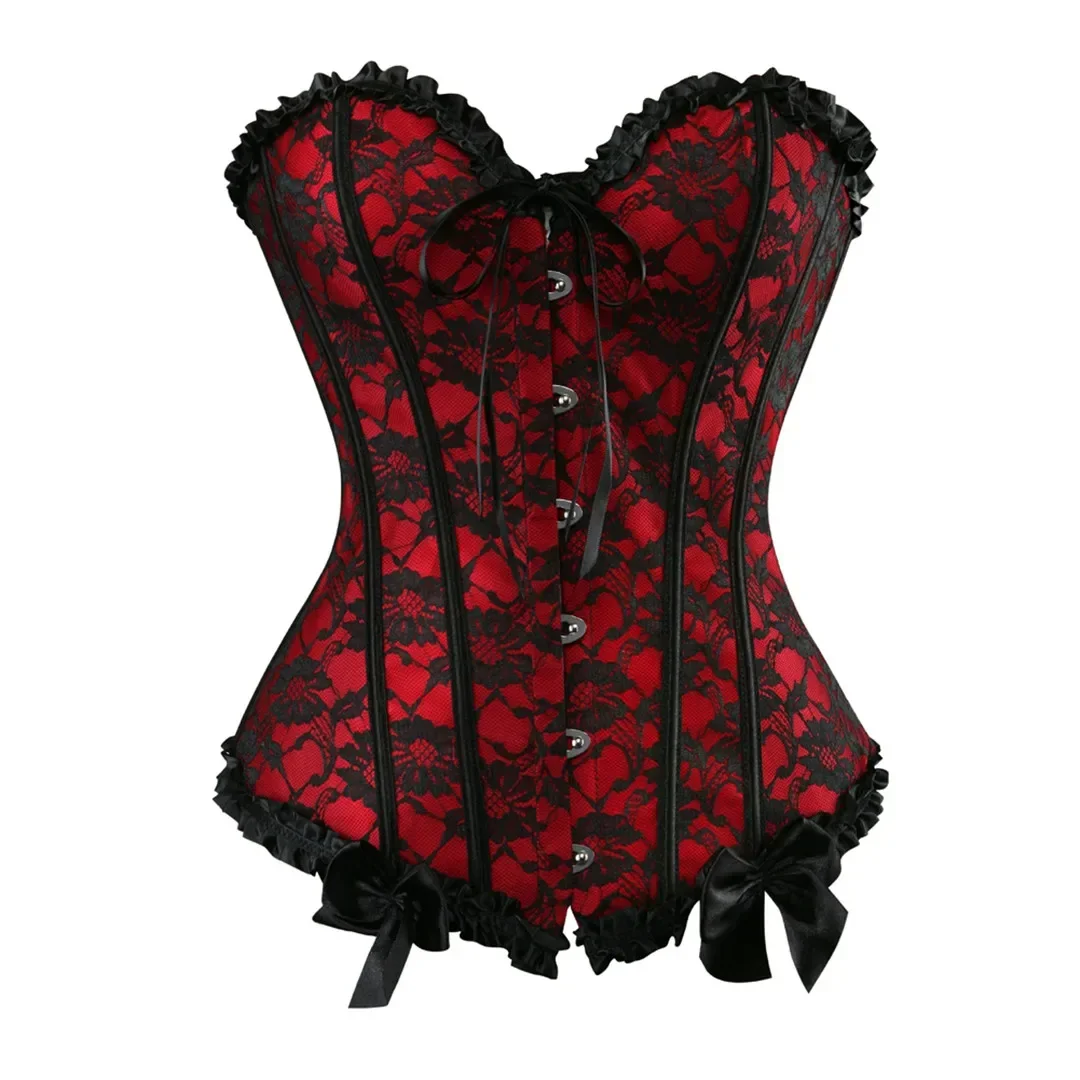 

Black Red Blue Vintage Bustier Corset Sexy Floral Trim Lace Up Boned Overbust Corset Waist Cincher Plus Size 6XL