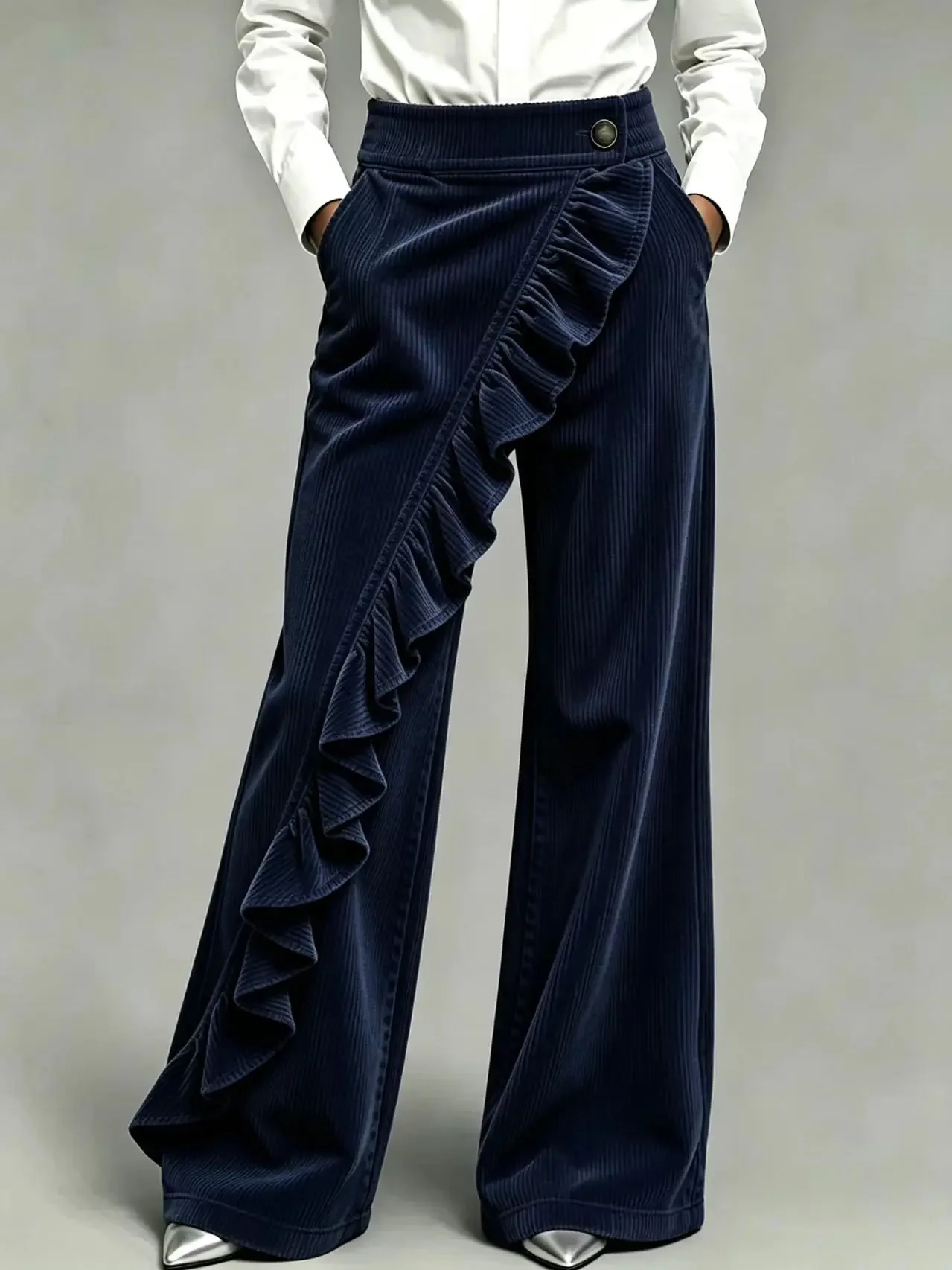 Winter Women High Waist Corduroy Wide Leg Pants Asymmetric Ruffle Decor Loose Casual Long Trousers Fashion Streetwear