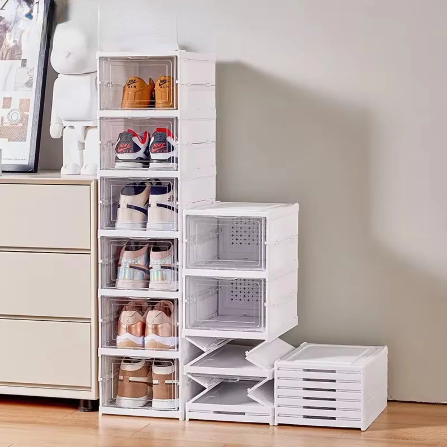 6 Layers Shoes Box Foldable Transparent Sneaker Shoe  Organizers Box Stackable Dustproof High-top Cabinet Shoe Rack Shelf Drawer