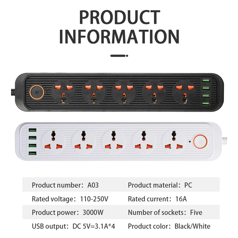 Network Filter Power Strip With Extension Cord USB Port Multiprise Smart Home Overload Protection Universal Plug EU US UK Outlet