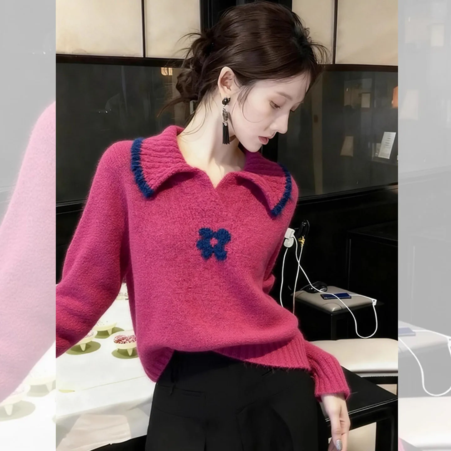 

Уникальный розовый вязаный свитер с отложным воротником и цветочным принтом Ele Age-defining Small Fraance Sle, свободный женский топ