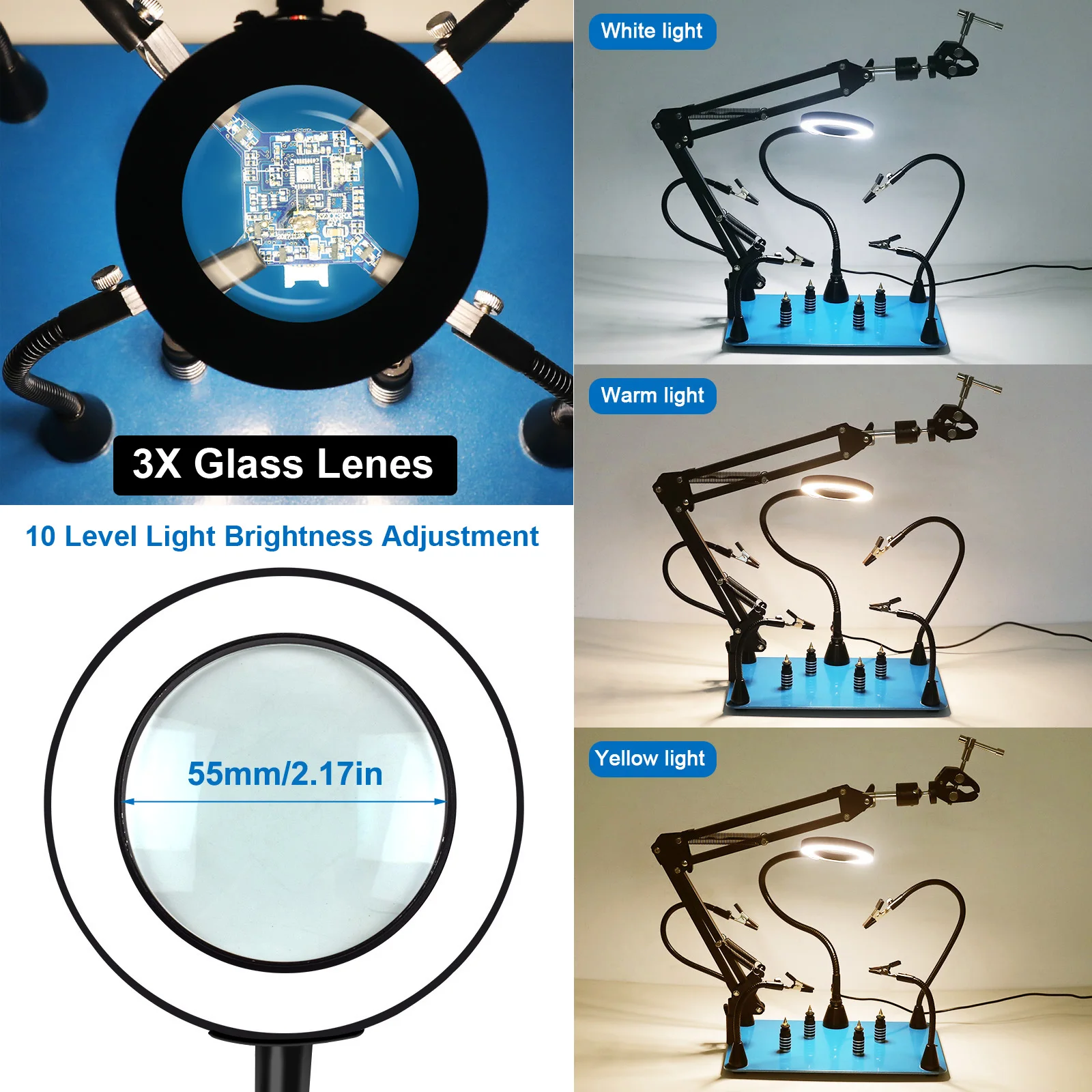 Toolour Magnetic Helping Hands Soldering Third Hand Tool with LED Magnifying Lamp PCB Holder Flexible Arms for Soldering Station