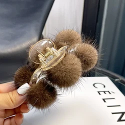 New Cute Plush Real Natural Mink Fur Hair Claw Large Hairpin Back Head Temperament Clip Hair Scratching Ponytail Hair Claw