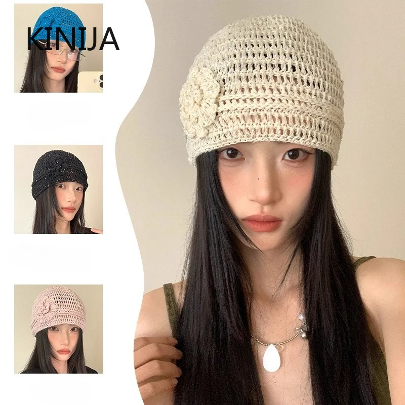 Handmade Knitted Hollow Out Hat Women's Summer Thin Face Slimming Headscarf Cap Flower All-In-One Wrapped Head Cap Girls Gift