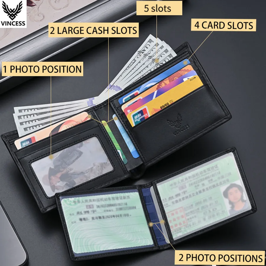 VINCESS Genuine Leather Men Wallets Brand Luxury RFID Bifold Wallet Zipper Coin Purse Business Card Holder Wallet Men's gifts