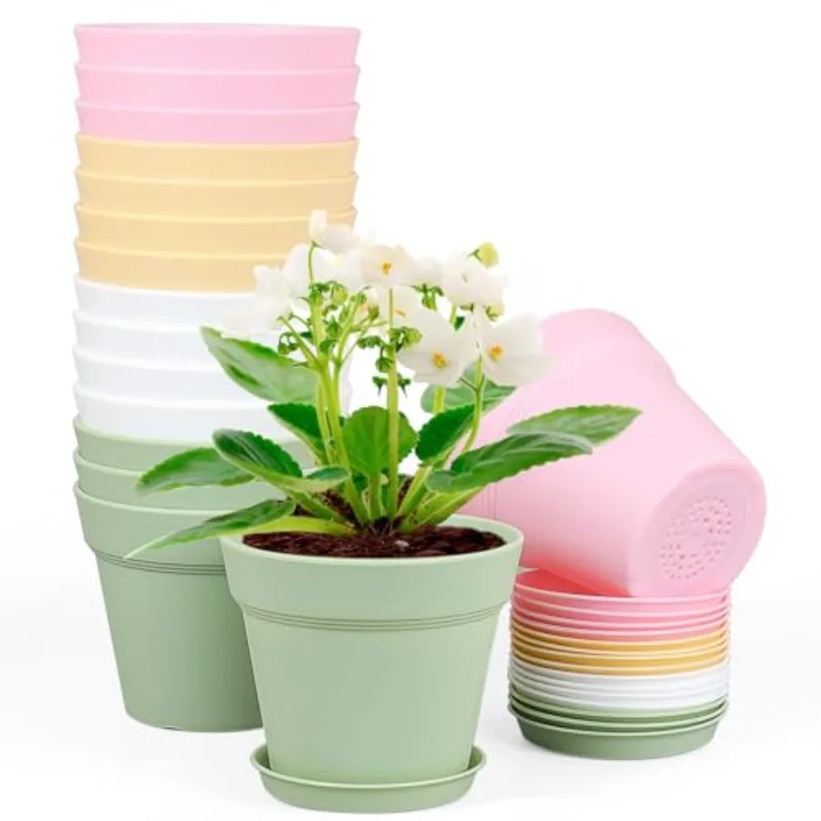 

6 inch Plastic Nursery Pots, 16 Pack Plant Pots for Indoor Outdoor Plants, Flower Pots with Drainage Holes and Saucers, Decorat