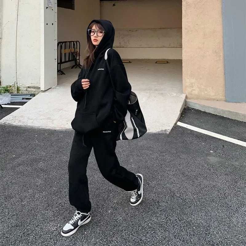 

New Women Tracksuit Hoodies Casual Long Sleeve Fleece Warm Hooded Sportswear Suit Hoody Pullovers Long Pant Y2k Two Pieces Sets