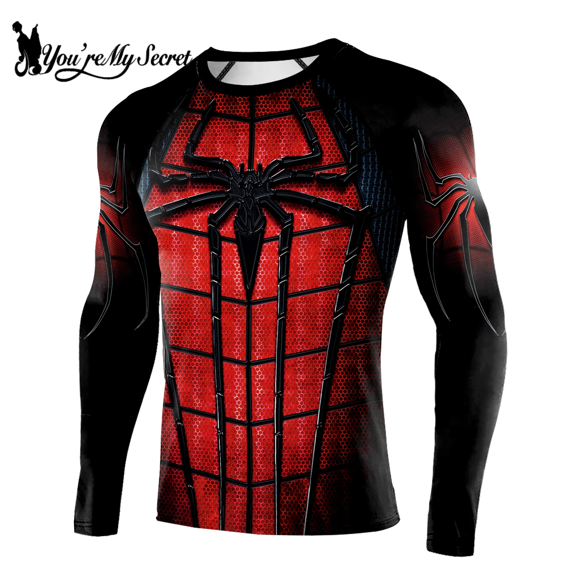 

[You're My Secret] Superhero Cosplay Costumes Compression Shirts Spider Print Gym Workout Long Sleeve Rash Guard Sportswear Tops