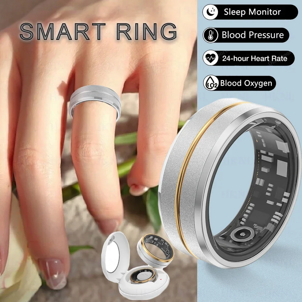 Man's Smart Ring Gold Heart Rate Blood Pressure Blood Oxygen Temperature Sleep Calories Health Multilingual Fitness Tracker Ring