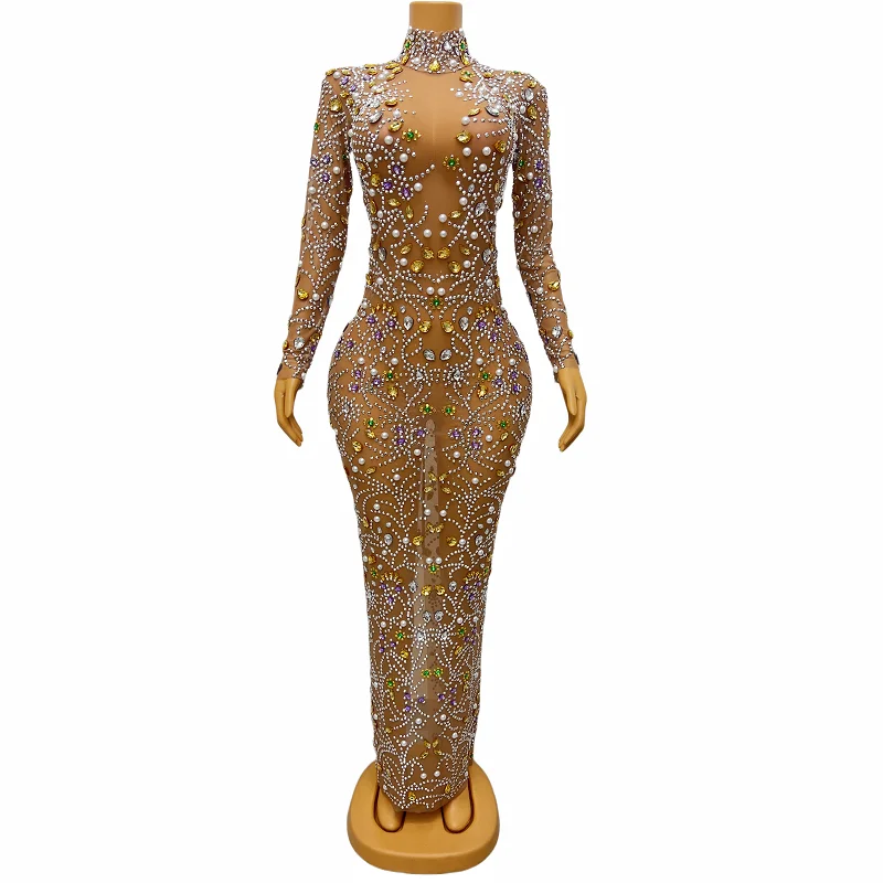 

Sparkly Colorful Rhinestones Nude Transparent Dress Evening Birthday Celebrate Costume Prom Party Show Dresses haitang