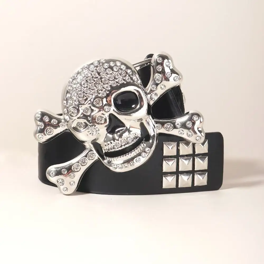 เข็มขัดหนัง PU สีดำ ประดับหัวกะโหลกคริสตัล  แบบปรับได้  ทรง Y2K  สำหรับคู่รัก
