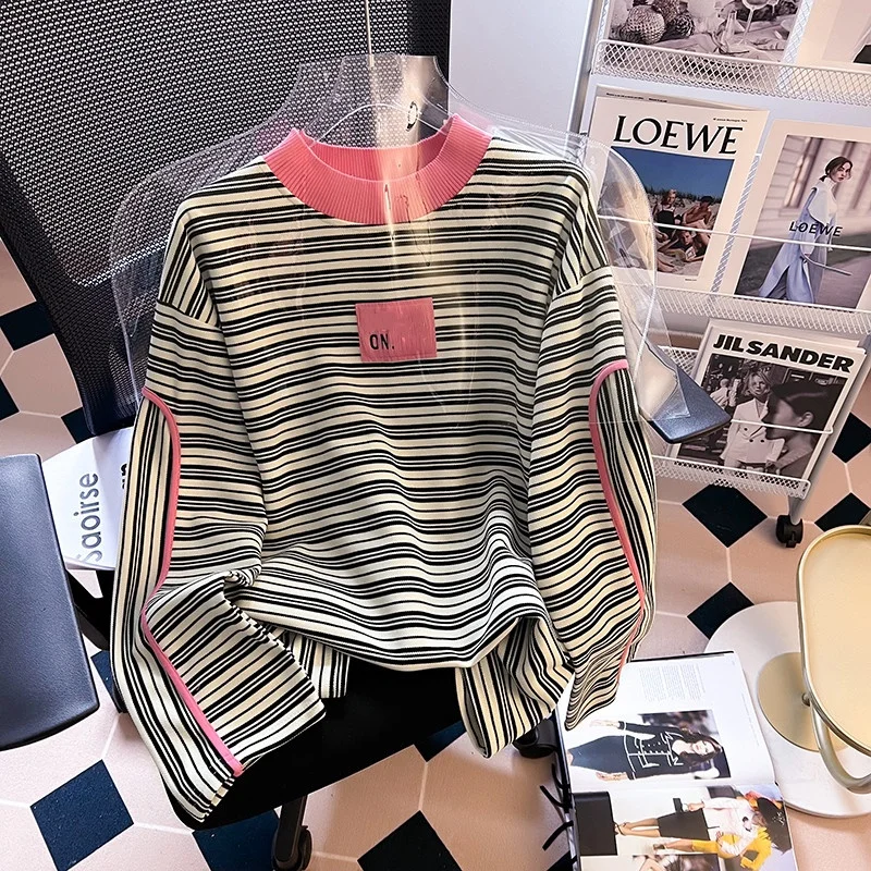 

Loose Long Sleeve Women's Hoodie Letter Print Striped Korean Style round Neck Casual Top Guangzhou Thirteenth Factory New 2025