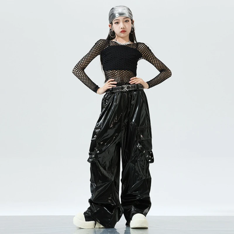 أطفال بنات ملابس رقص الجاز الأسود صافي قمم السراويل الجلدية الاطفال الهيب هوب أداء الملابس Kpop الحديثة مرحلة الرقص ارتداء