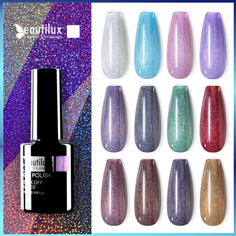 

Beautilux 1pc Holographic Glitter Bling Gloss Sparkle UV Nail Gel Polish Rainbow Color Soak Off Gels Nail Art Varnish 10ml