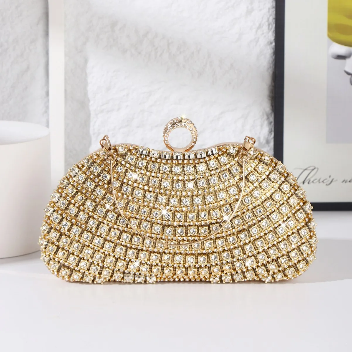 

Luxury Rhinestone-Encrusted Evening Clutch with Gold Metal Handle - Sparkling Cocktail Party Purse for Women, Elegant Handbag