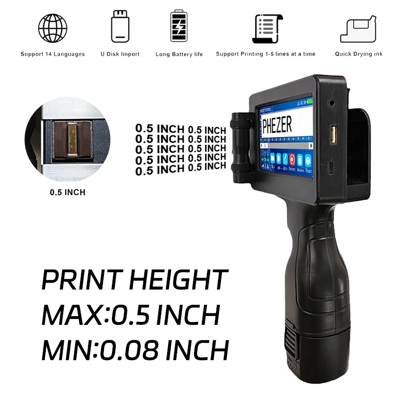 For Hp Phezer P17 2026 Handheld Inkjet Printer with 12.7mm Metal Case Prints QR Code Barcode Batch Date Serial Number Logo