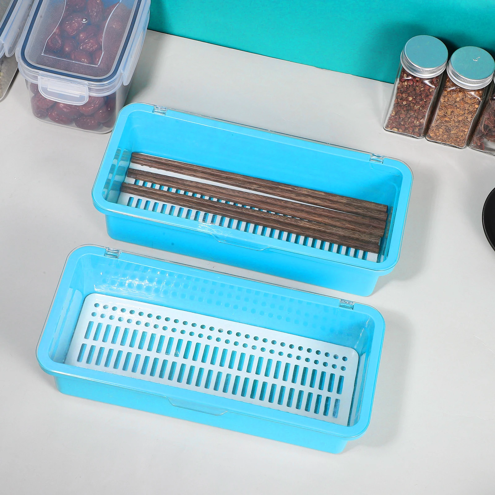 

2 Pcs Cutlery Organizer Chopsticks Storage Box Silverware Tray with Lid Kitchen Utensil Holder Drainage Design
