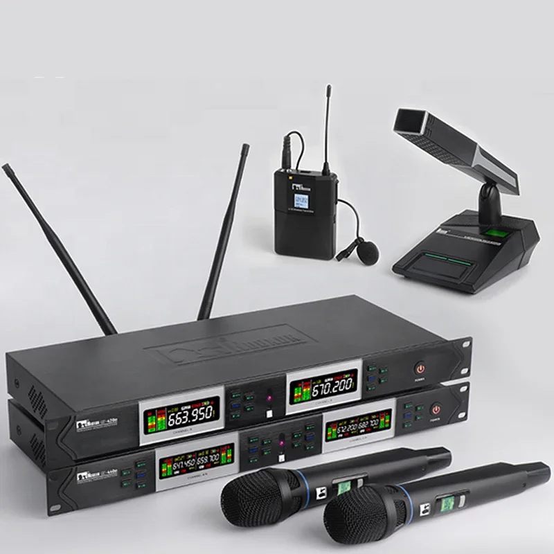 Microfone sem fio profissional 2 microfone de mesa UHF para reuniões, discurso de igreja