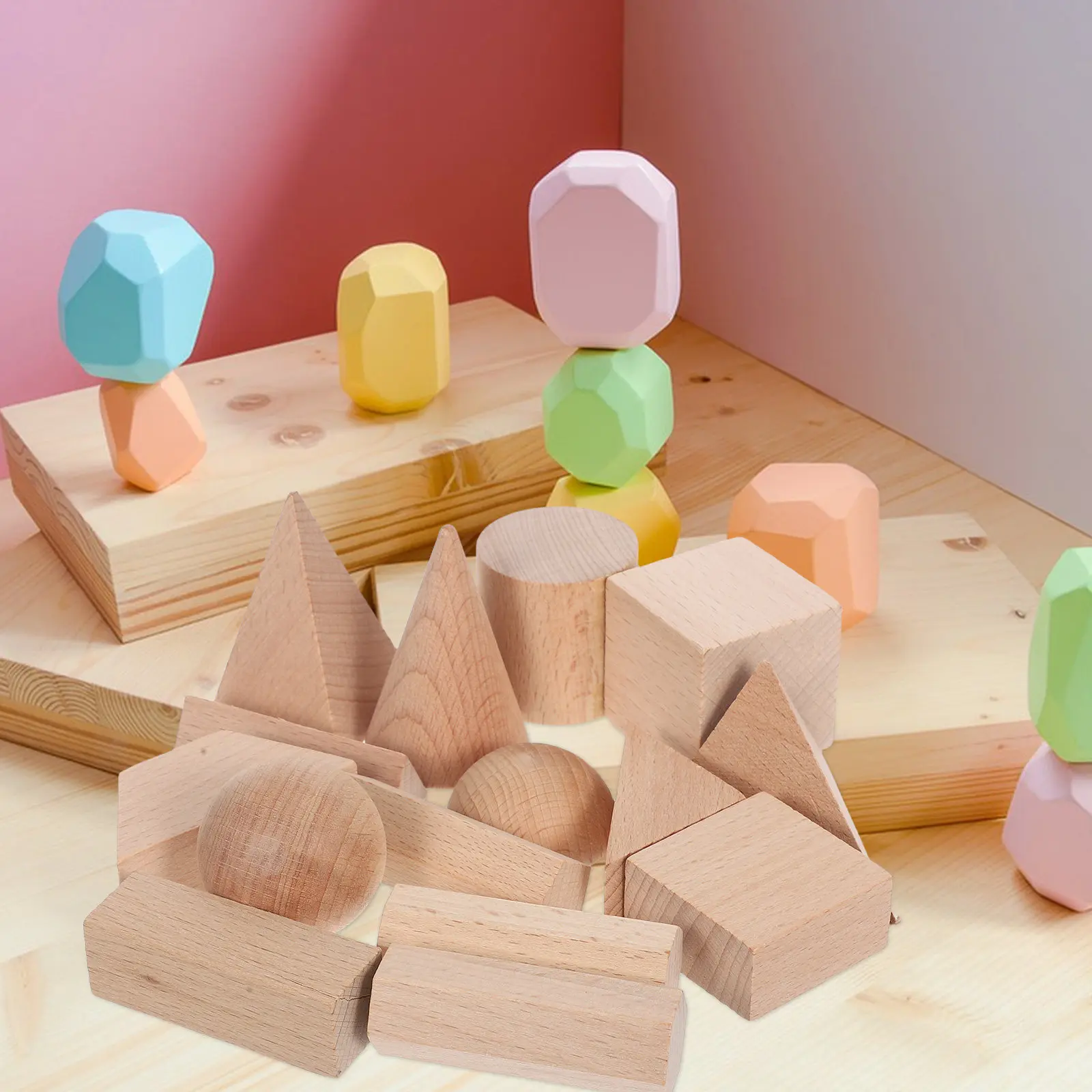 

15Pcs Natural Wood Blocks Geometric Solid Shapes Khaki 3D Stacking Sorting Preschool Math Learning Montessori Construction