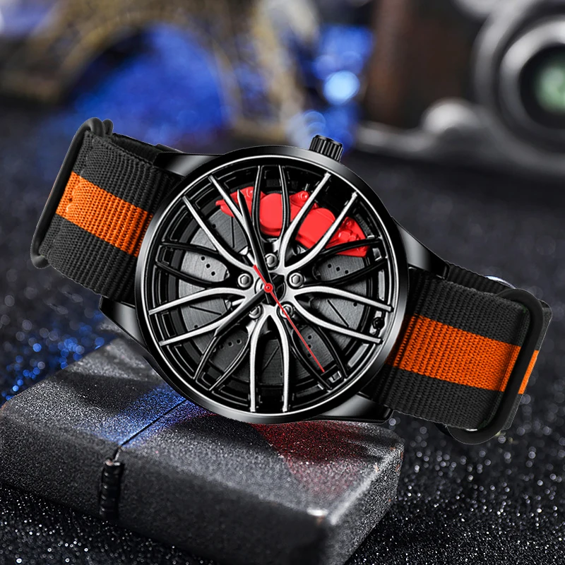 Nylon Military Watch Sports Car Waterproof Rim Hub Wheel Wristwatch Quartz Men Watches for Male Watch Hollow-carved Design