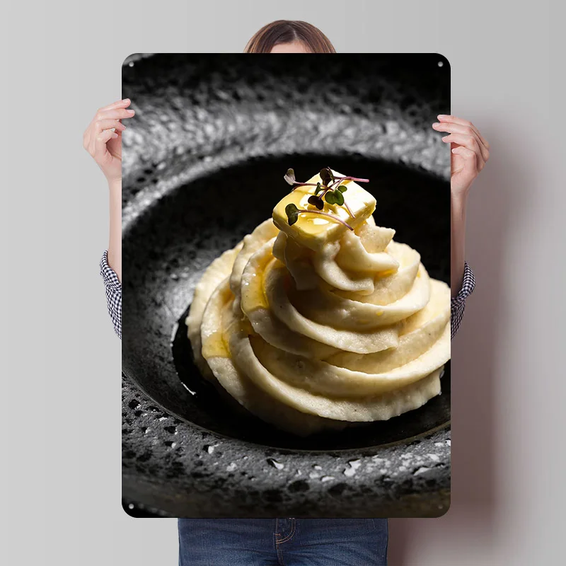 Elegante cartel de puré de patatas con mantequilla, letreros metálicos vintage personalizados, arte de pared, placa de hojalata retro para decoración de la cueva del hombre y el hogar