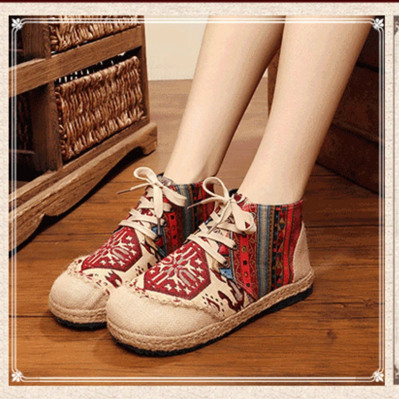 Summer New Embroidered Shoes Ethnic Style Short Boots Women Cotton Linen Casual Short Boots Fashion Color Blocked Women Shoes