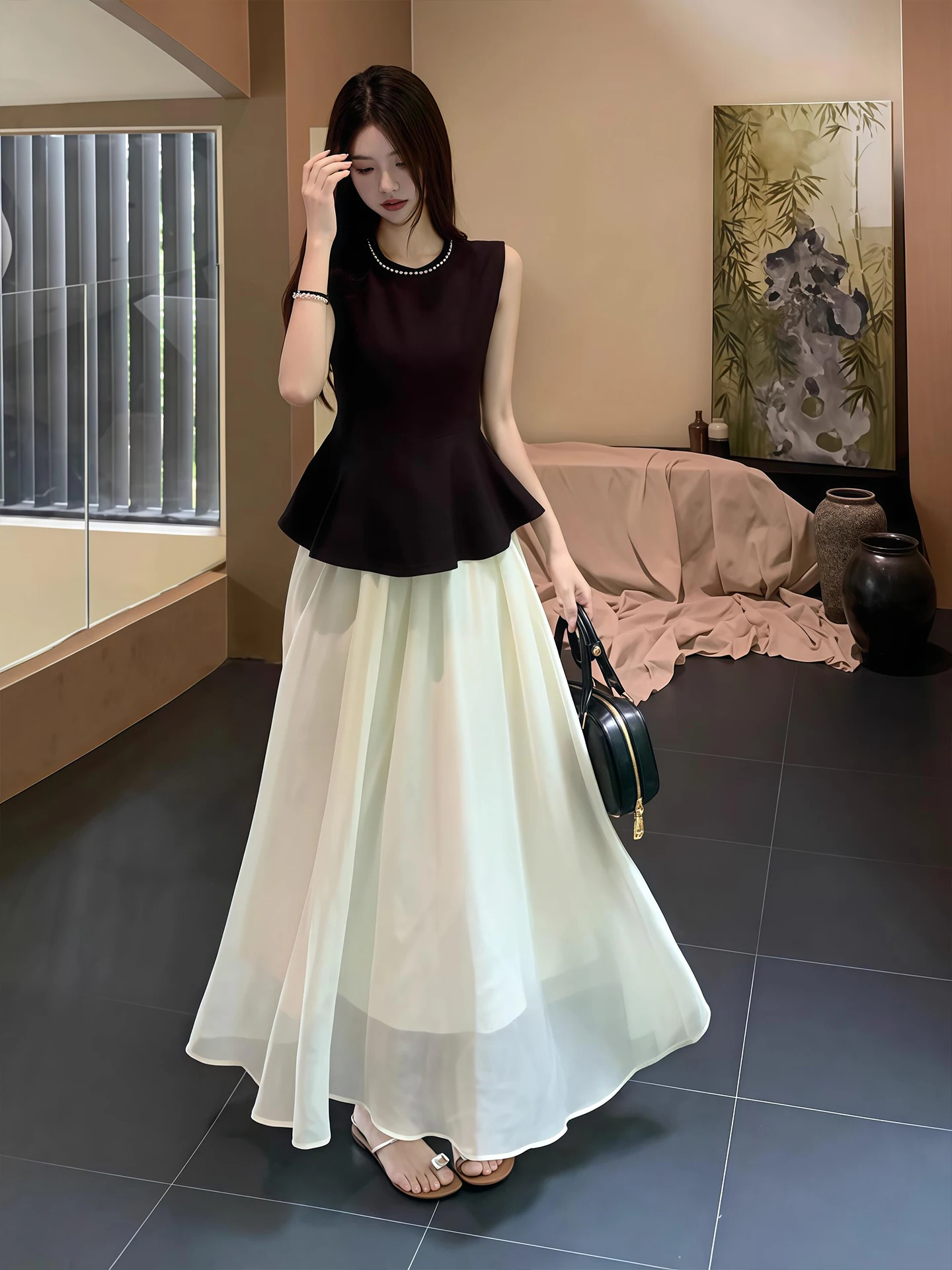 

Slimming French Sle round Ne Svel Top with Large Skirt Hemline High Waist Women's Faion Set for Spring Summer