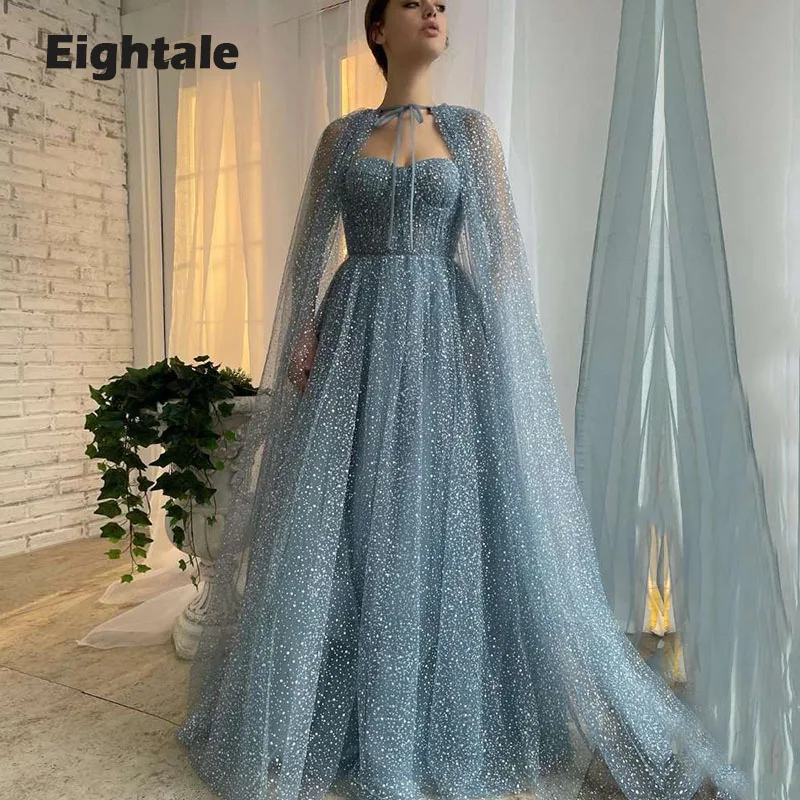 

Eightale Gliiter Prom dresses Arabic A-Line Long Evening Gown with Cape Custom Made Fashion Party Dress for Graduation