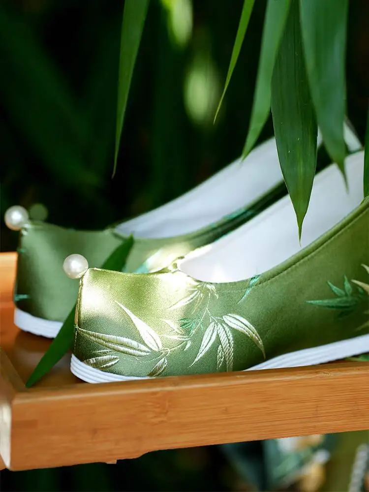 

Youzhu, июль лотоса, осень 2024, обувь Hanfu, парчовая обувь в древнем стиле, зеленая традиционная тканевая обувь, нескользящая дышащая мягкая длинная обувь