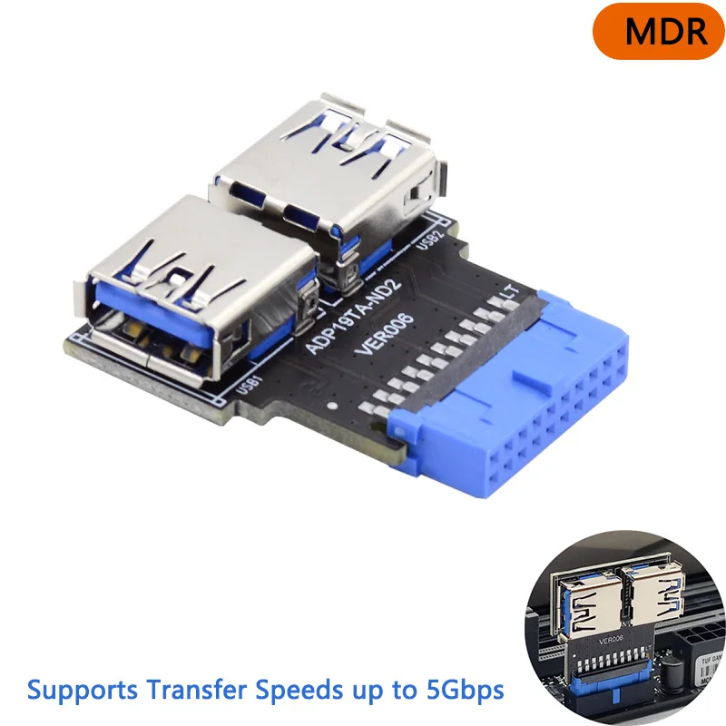 MDR 20/19 Pin Motherboard to Dual USB 3.0 A Type Female Adapter Conector  Box Header Slot Adapter 5Gbps Horizontal Type PCBA